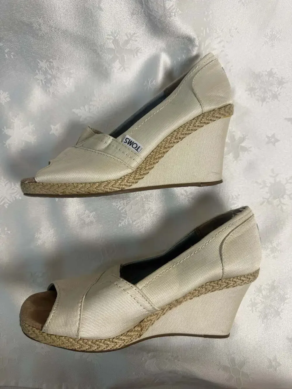 TOMS Beige Canvas Espadrille Peep Toe Wedge Heels